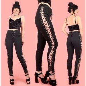 FREDERICKS OF HOLLYWOOD VINTAGE CORSET LACE UP BLACK DENIM PANTS STRETCH SIZE 5